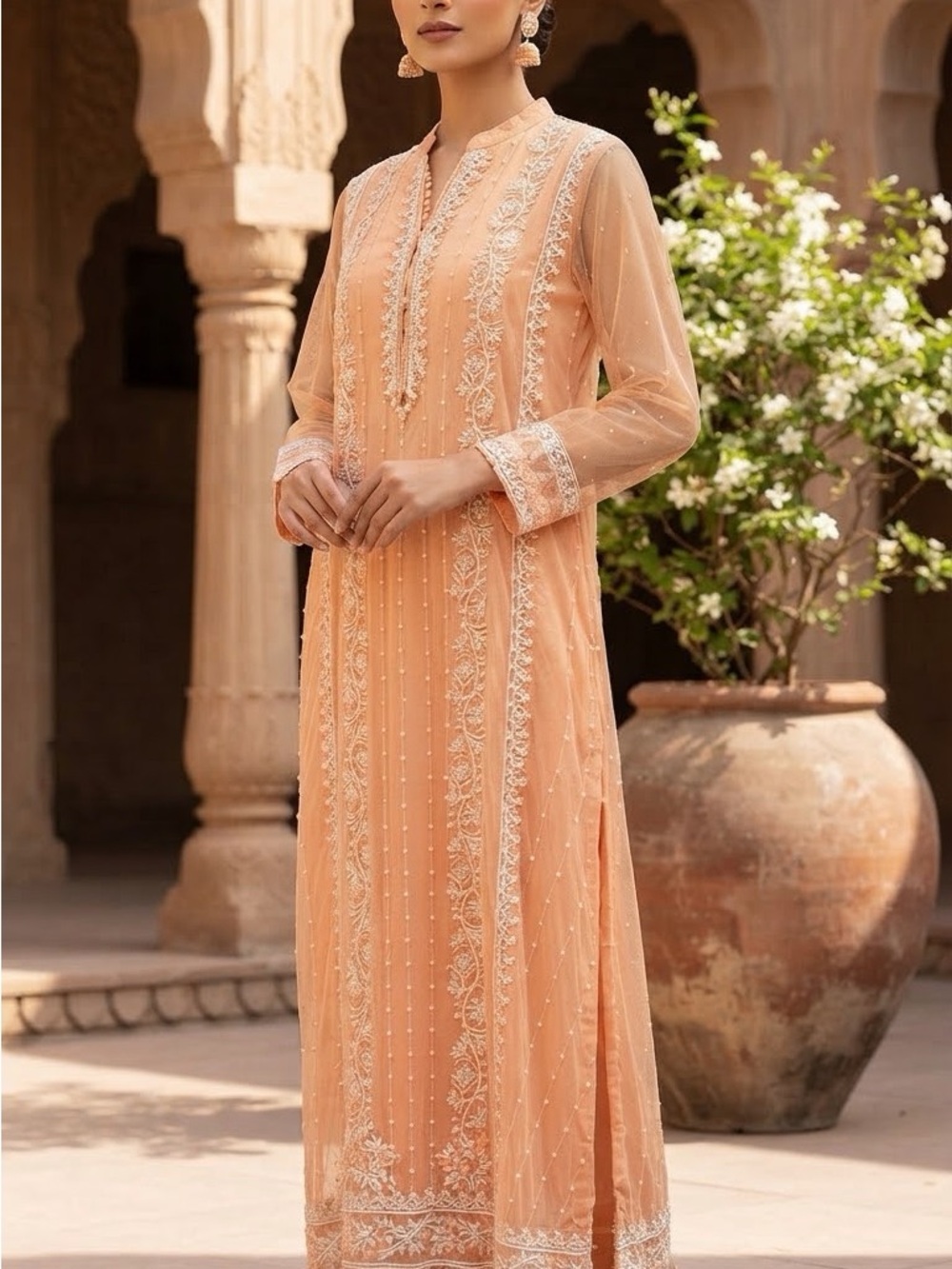 Pakistani full fancy Peach Embroidered Long Women'slong shirt  Dress
